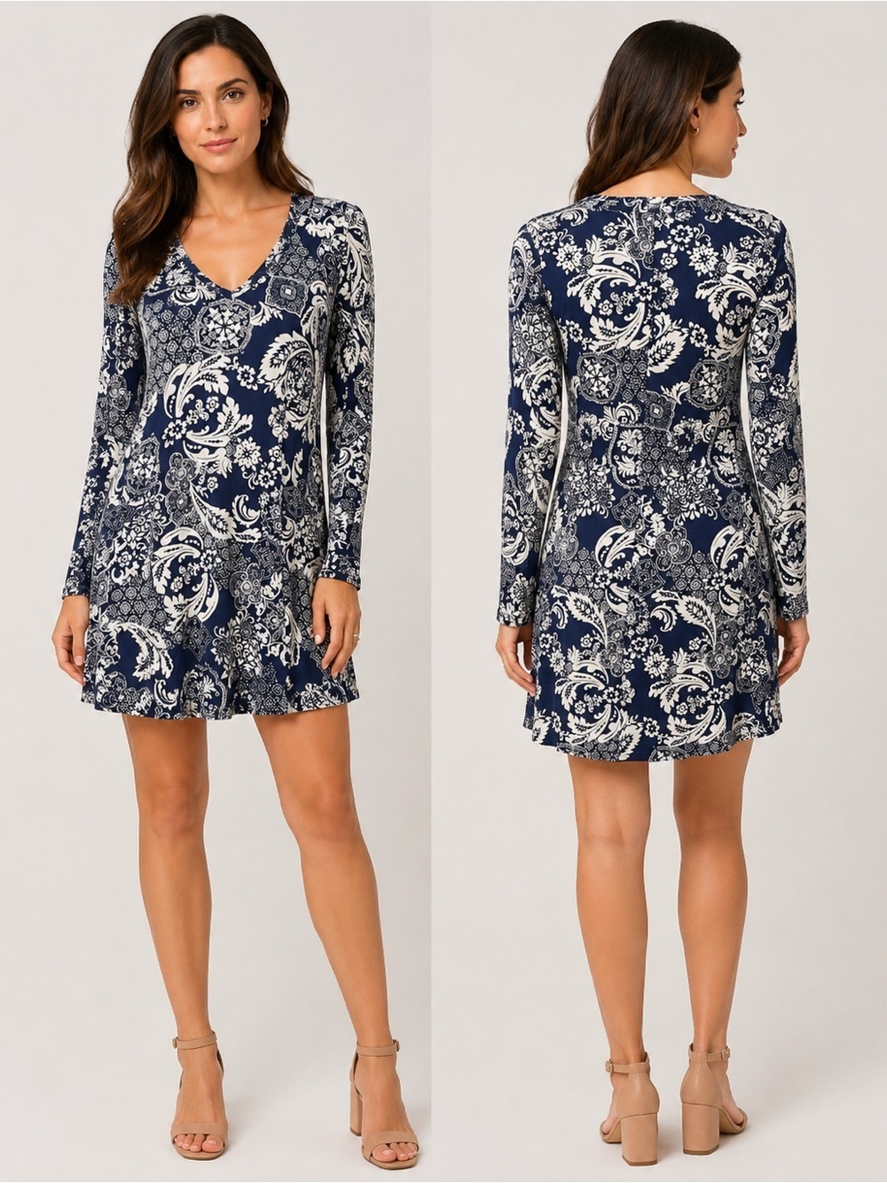 NWT Michael Lauren Kyle Ultra-Soft Navy Paisley Long Sleeve Dress Small